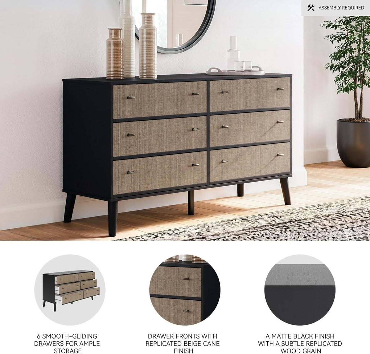 Six Drawer Dresser In Two Tone Black And Light Brown