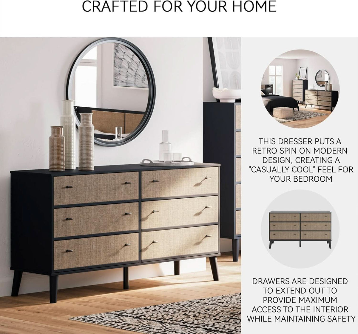 Six Drawer Dresser In Two Tone Black And Light Brown
