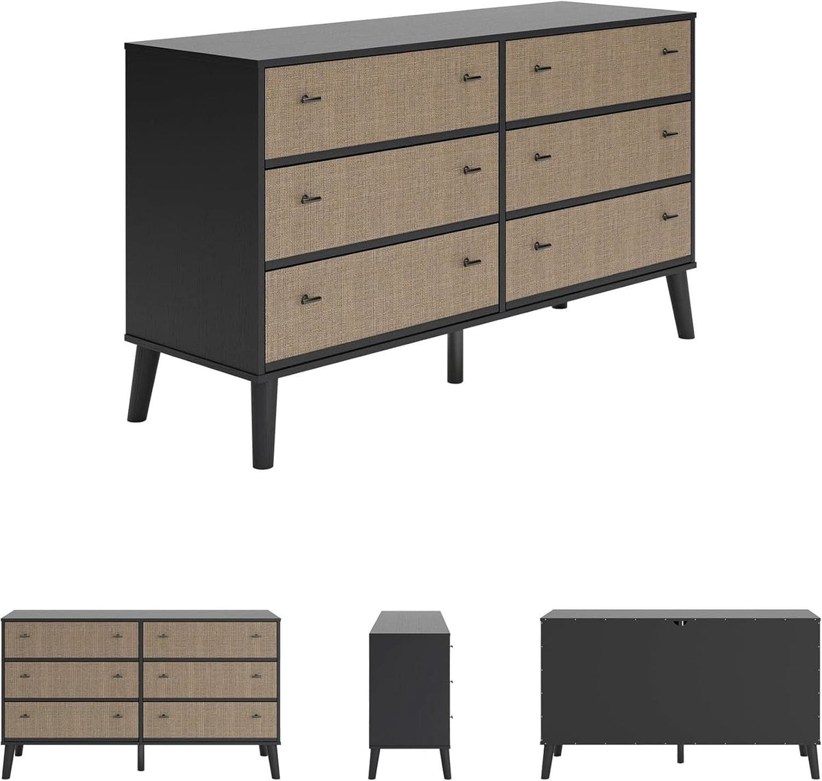 Six Drawer Dresser In Two Tone Black And Light Brown