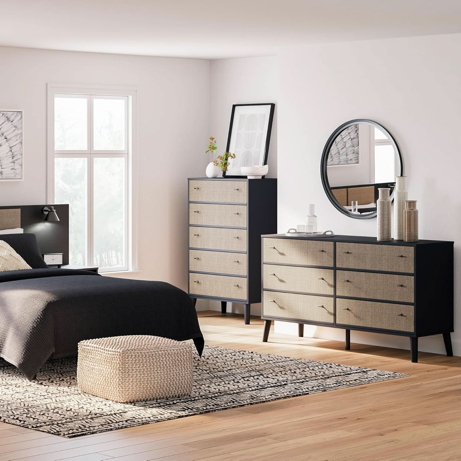 Six Drawer Dresser In Two Tone Black And Light Brown