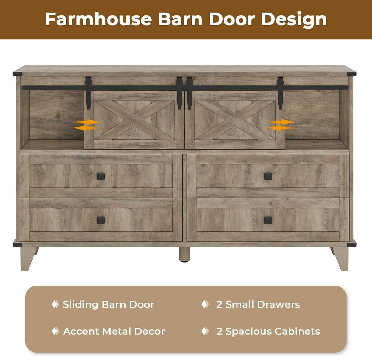 Six Drawer Dresser Rustic Oakwood Sliding BarnDoor