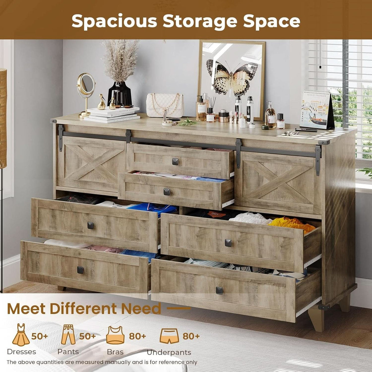 Six Drawer Dresser Rustic Oakwood Sliding BarnDoor