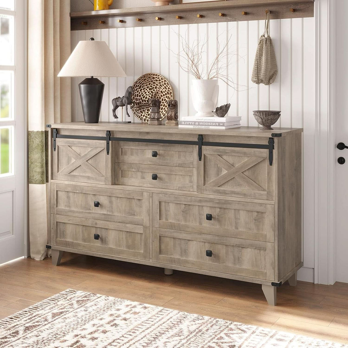 Six Drawer Dresser Rustic Oakwood Sliding BarnDoor