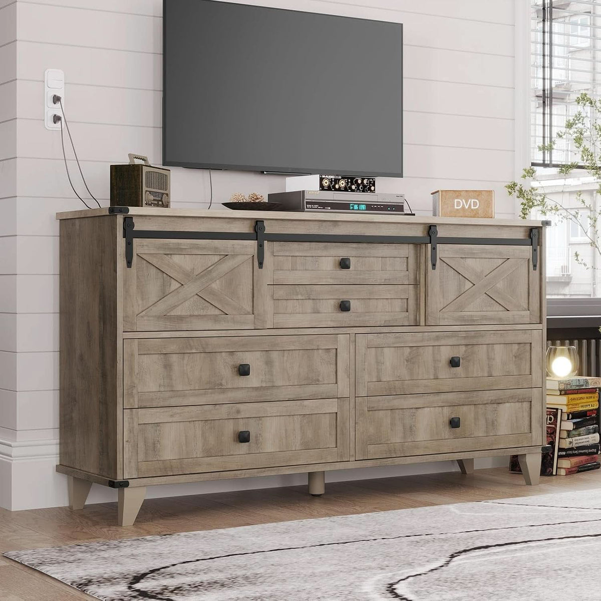 Six Drawer Dresser Rustic Oakwood Sliding BarnDoor