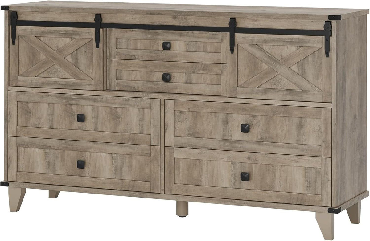 Six Drawer Dresser Rustic Oakwood Sliding BarnDoor