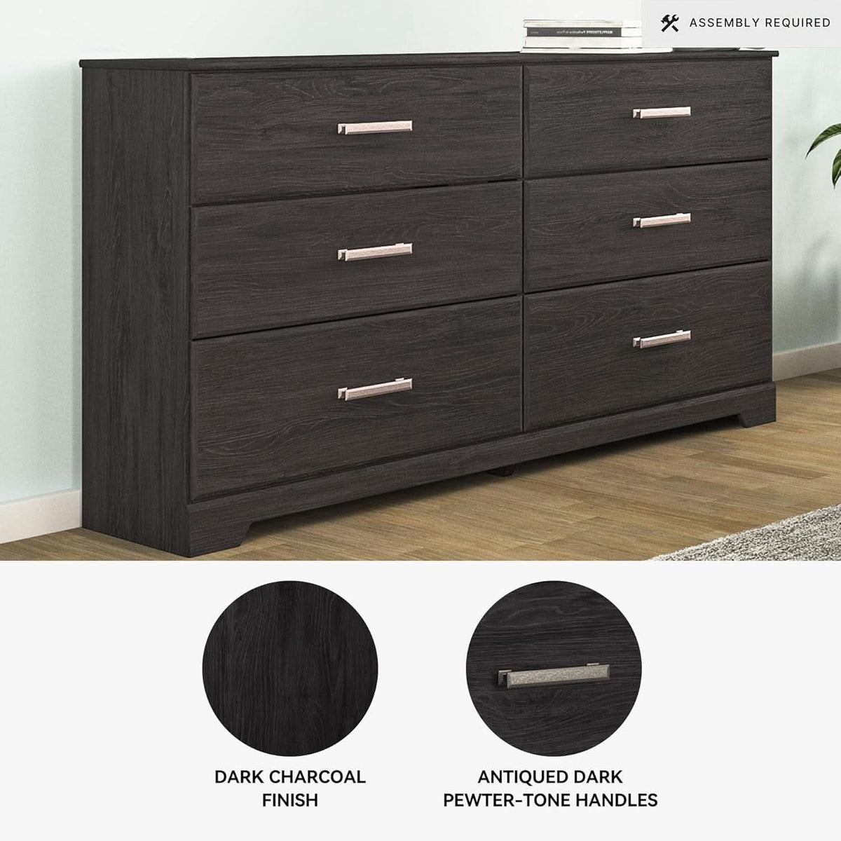 Six Drawer Dresser With Black Matte Engineered Wood