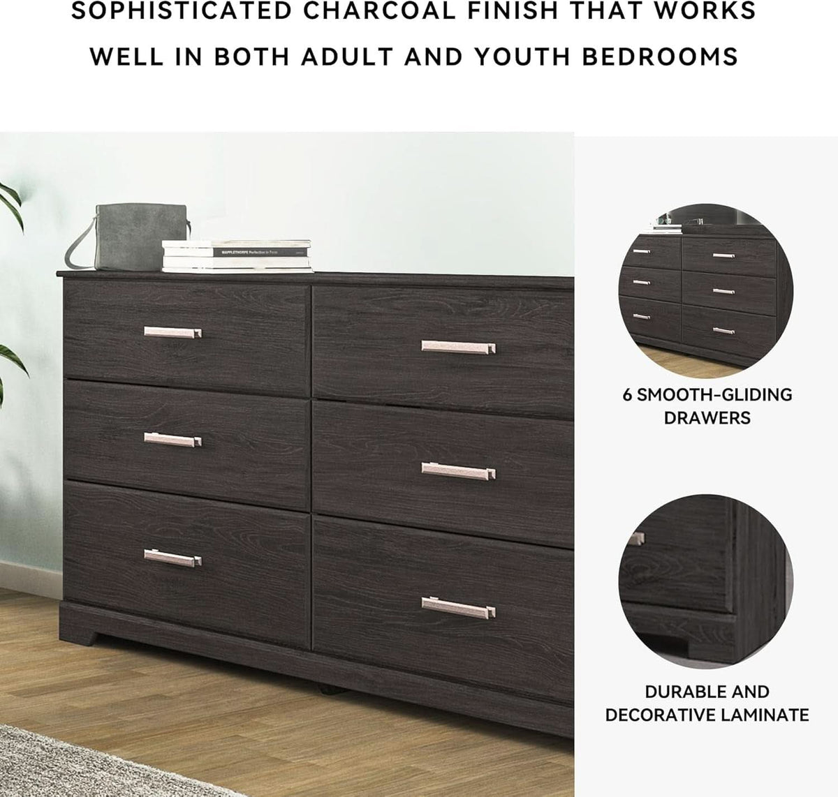 Six Drawer Dresser With Black Matte Engineered Wood