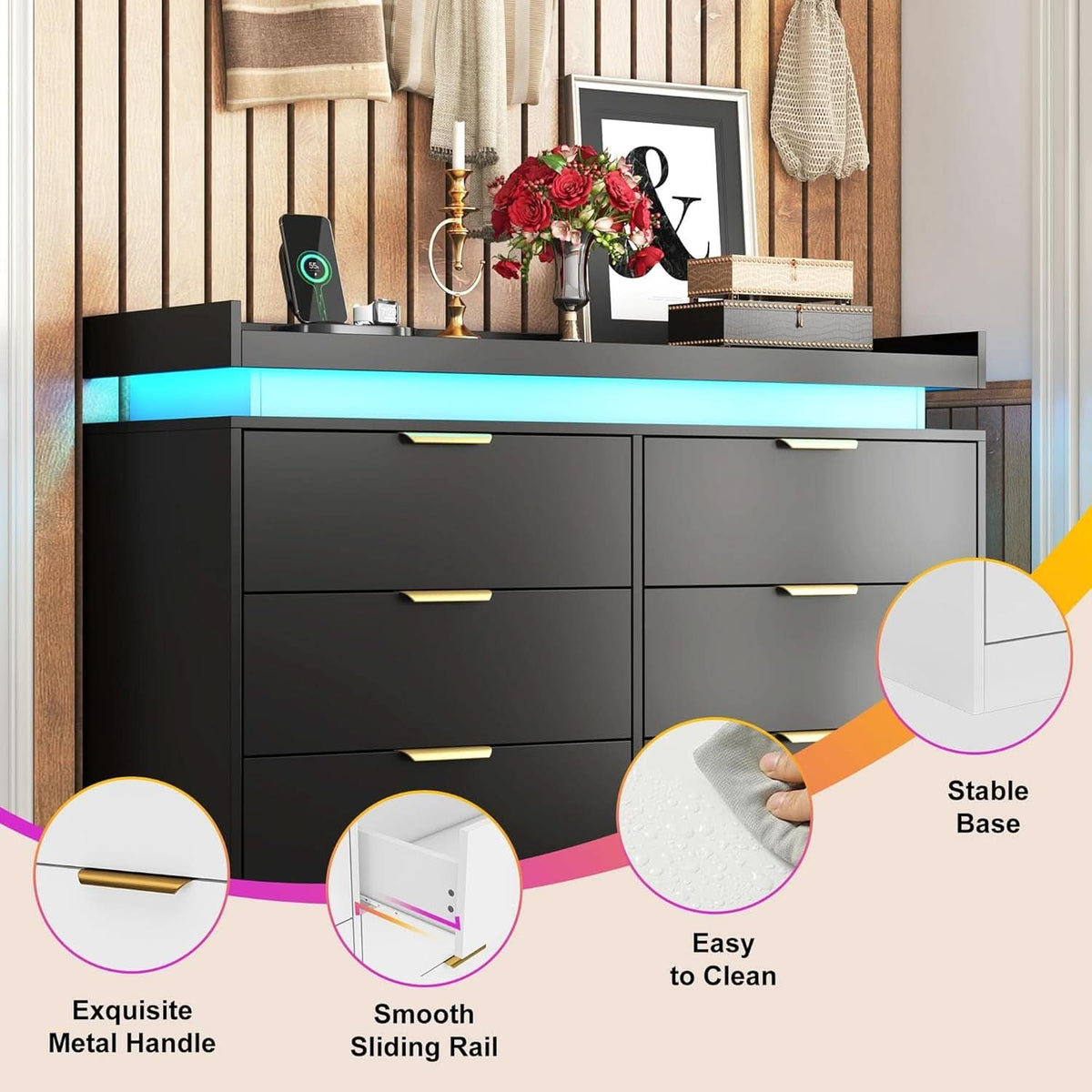 Six Drawer Dresser With LED Illumination Enhancement