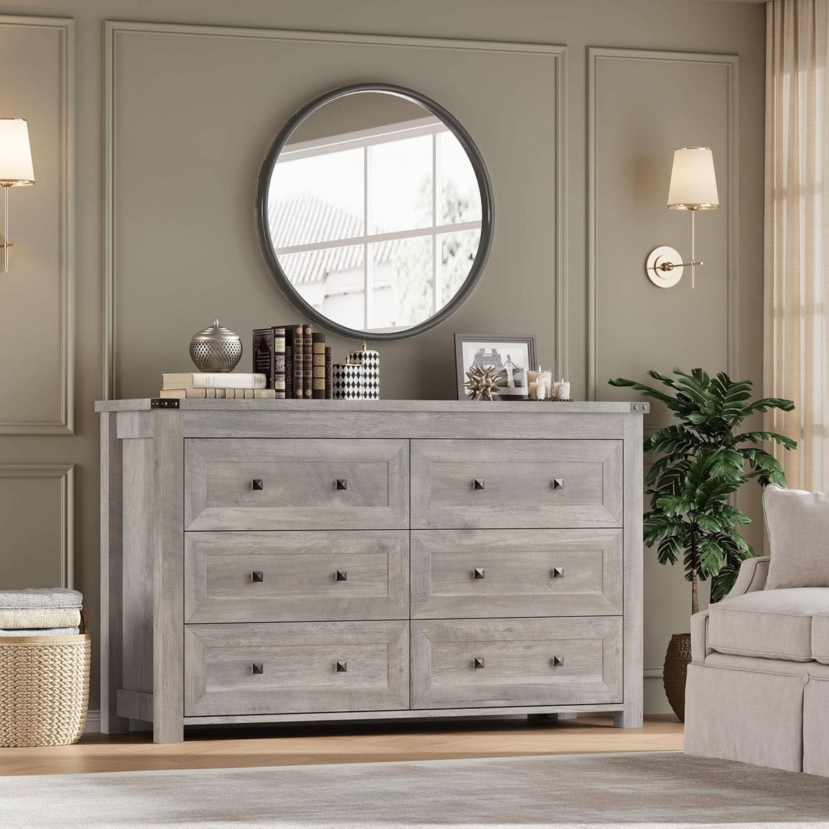 Six Drawer Dresser With Metal Handles Storage Unit