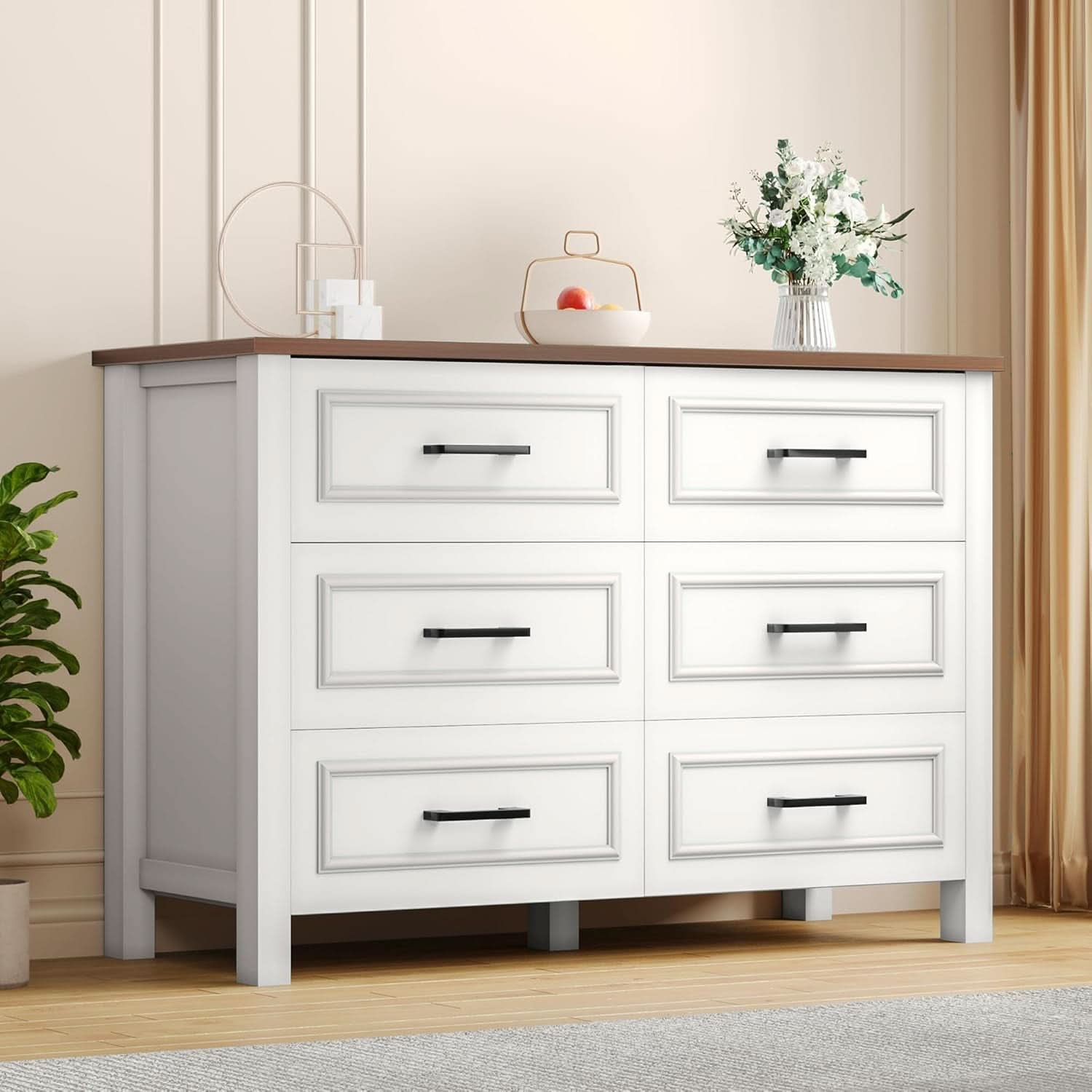 Six Drawer Farmhouse Dresser TV Stand Built In Power Outlet