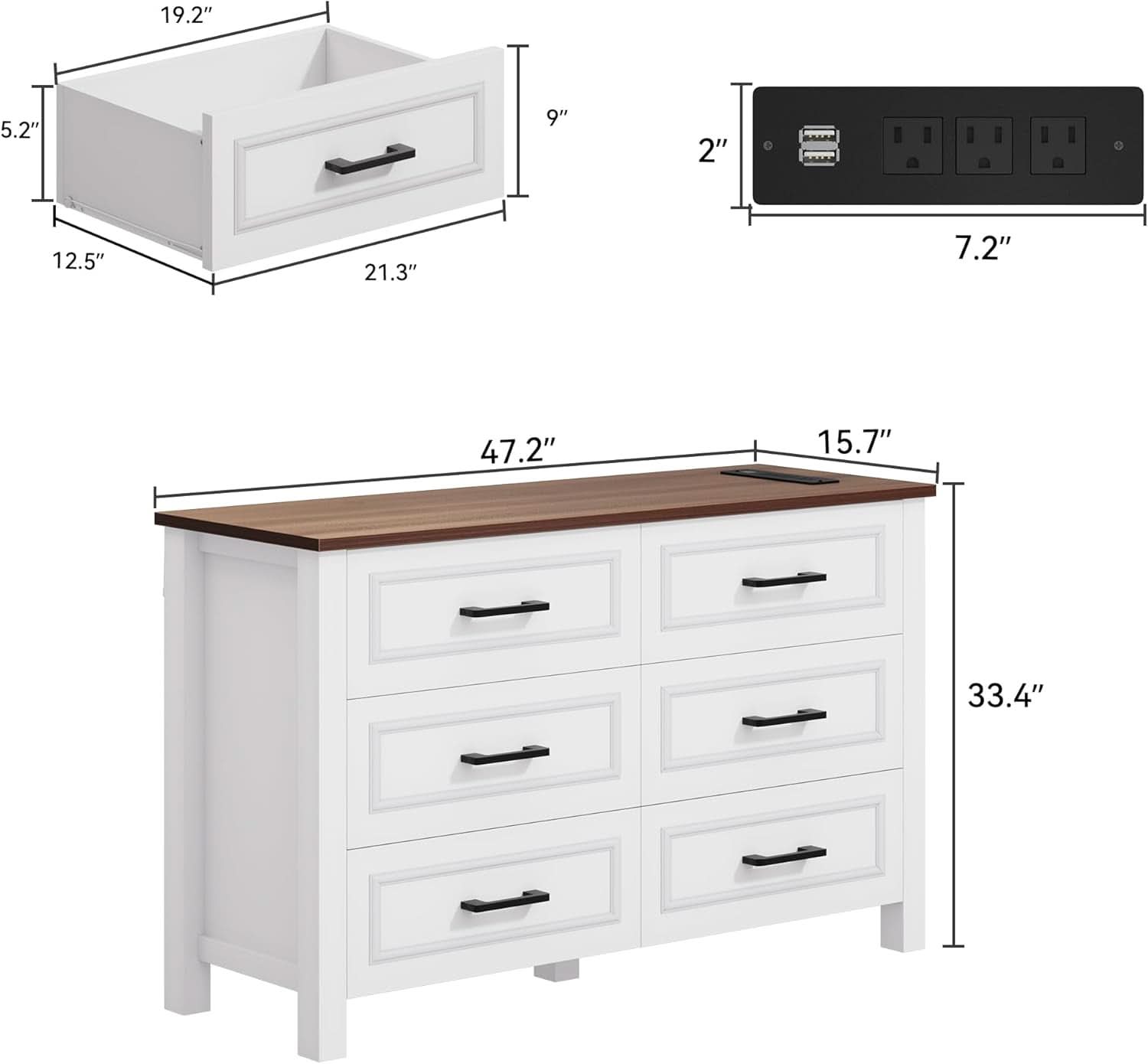 Six Drawer Farmhouse Dresser TV Stand Built In Power Outlet