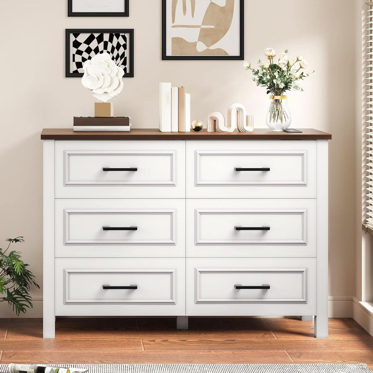 Six Drawer Farmhouse Dresser TV Stand Built In Power Outlet