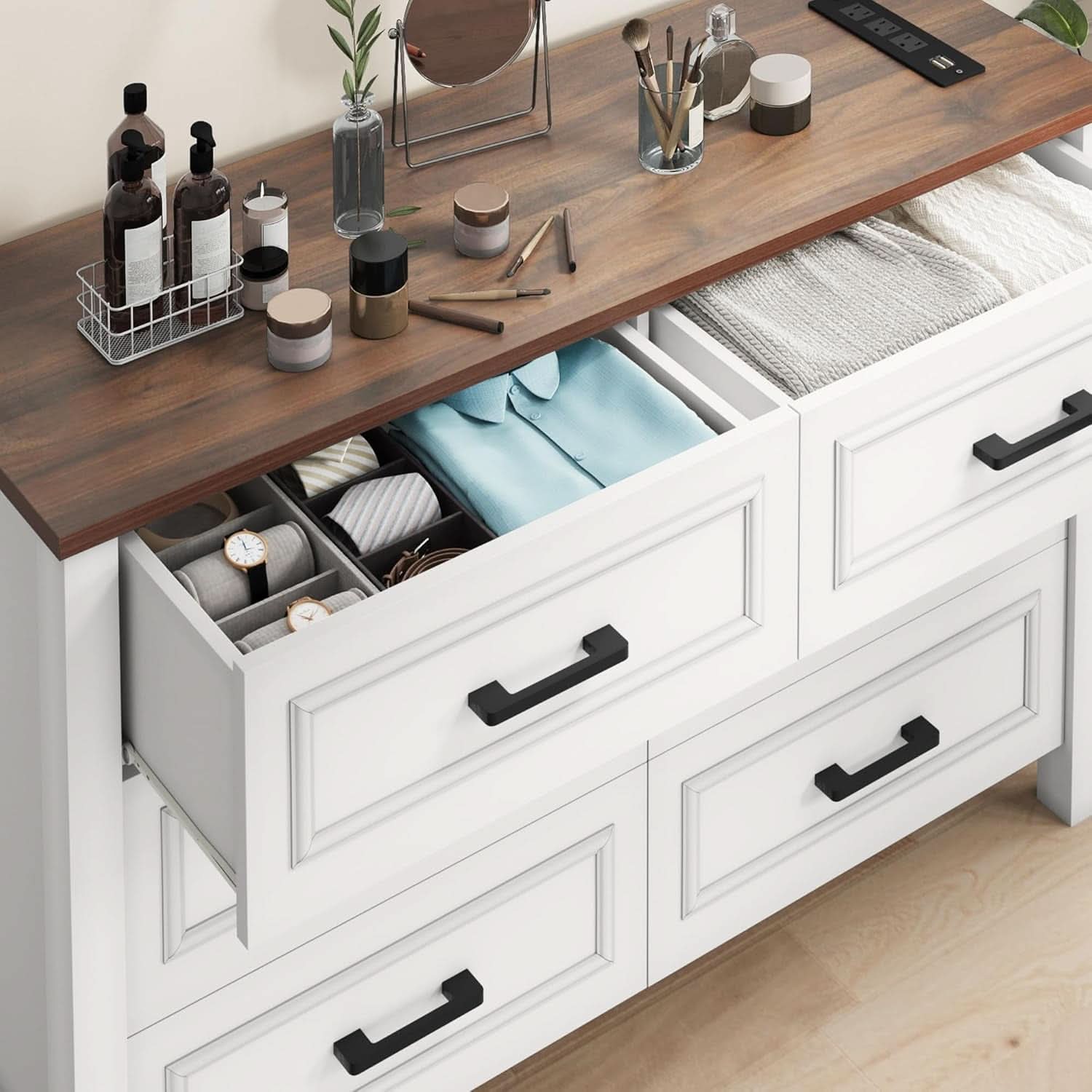 Six Drawer Farmhouse Dresser TV Stand Built In Power Outlet