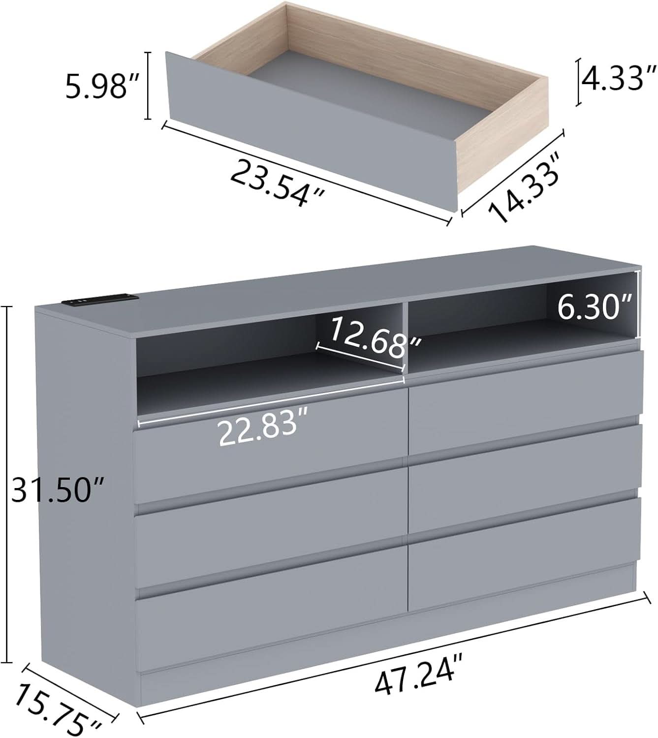 Six Drawer LED Dresser With USB Charging Ports For Bedroom