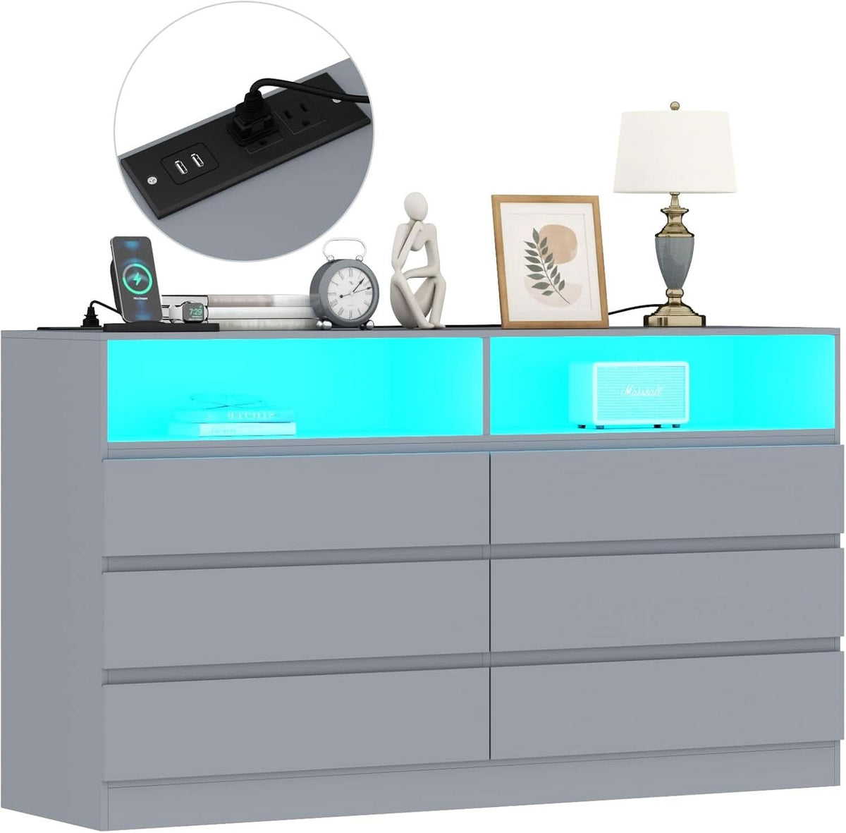 Six Drawer LED Dresser With USB Charging Ports For Bedroom