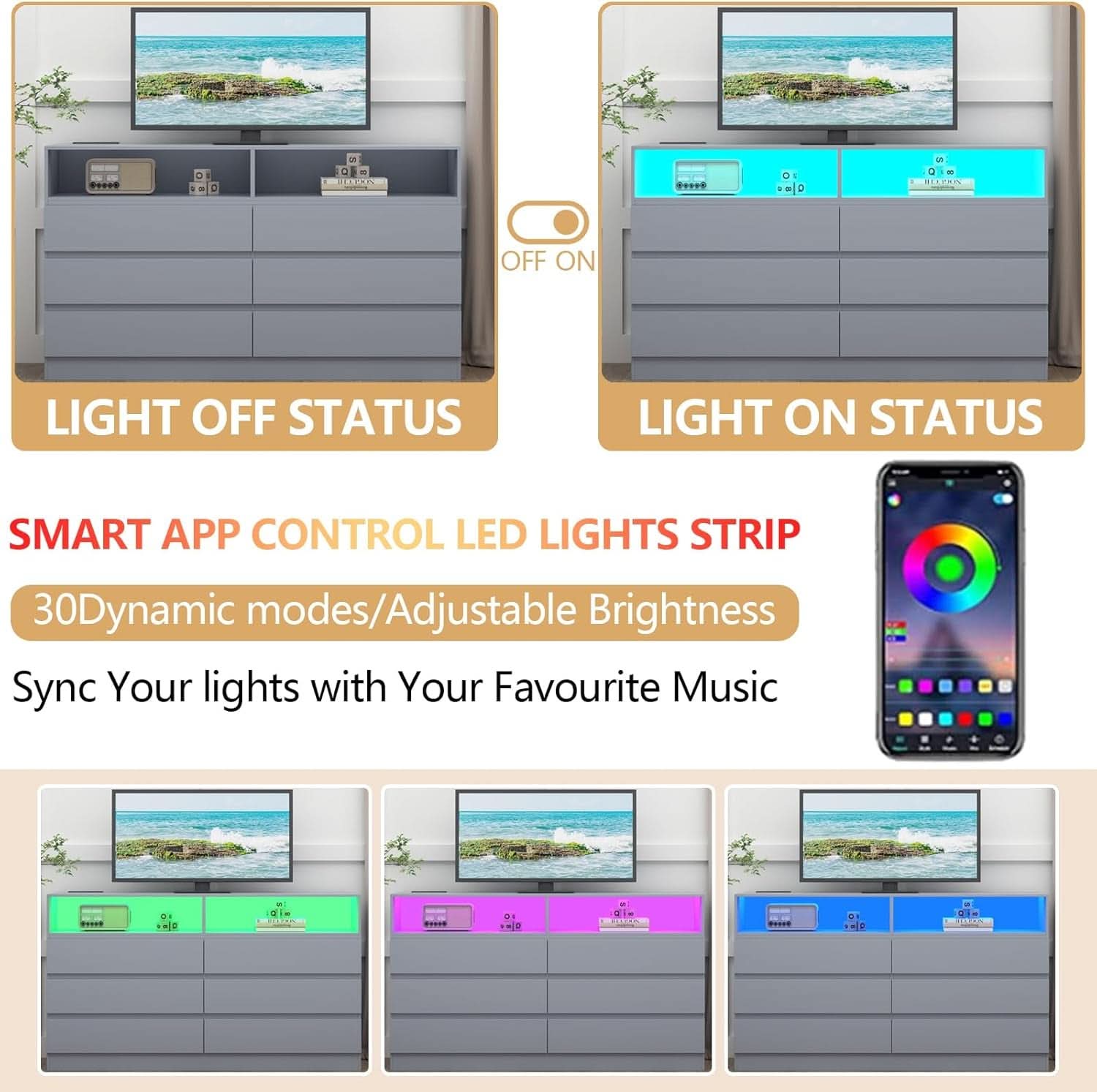 Six Drawer LED Dresser With USB Charging Ports For Bedroom
