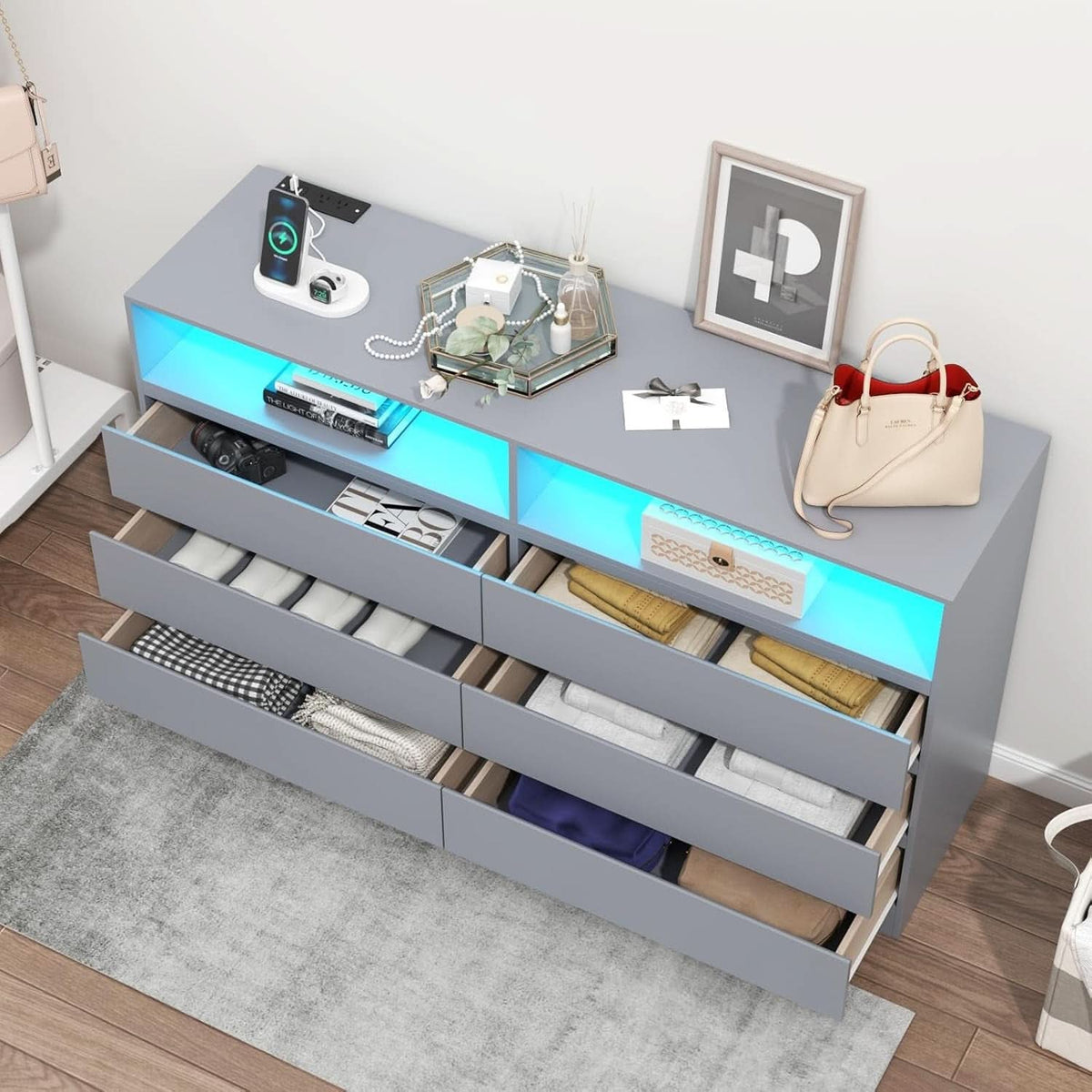 Six Drawer LED Dresser With USB Charging Ports For Bedroom