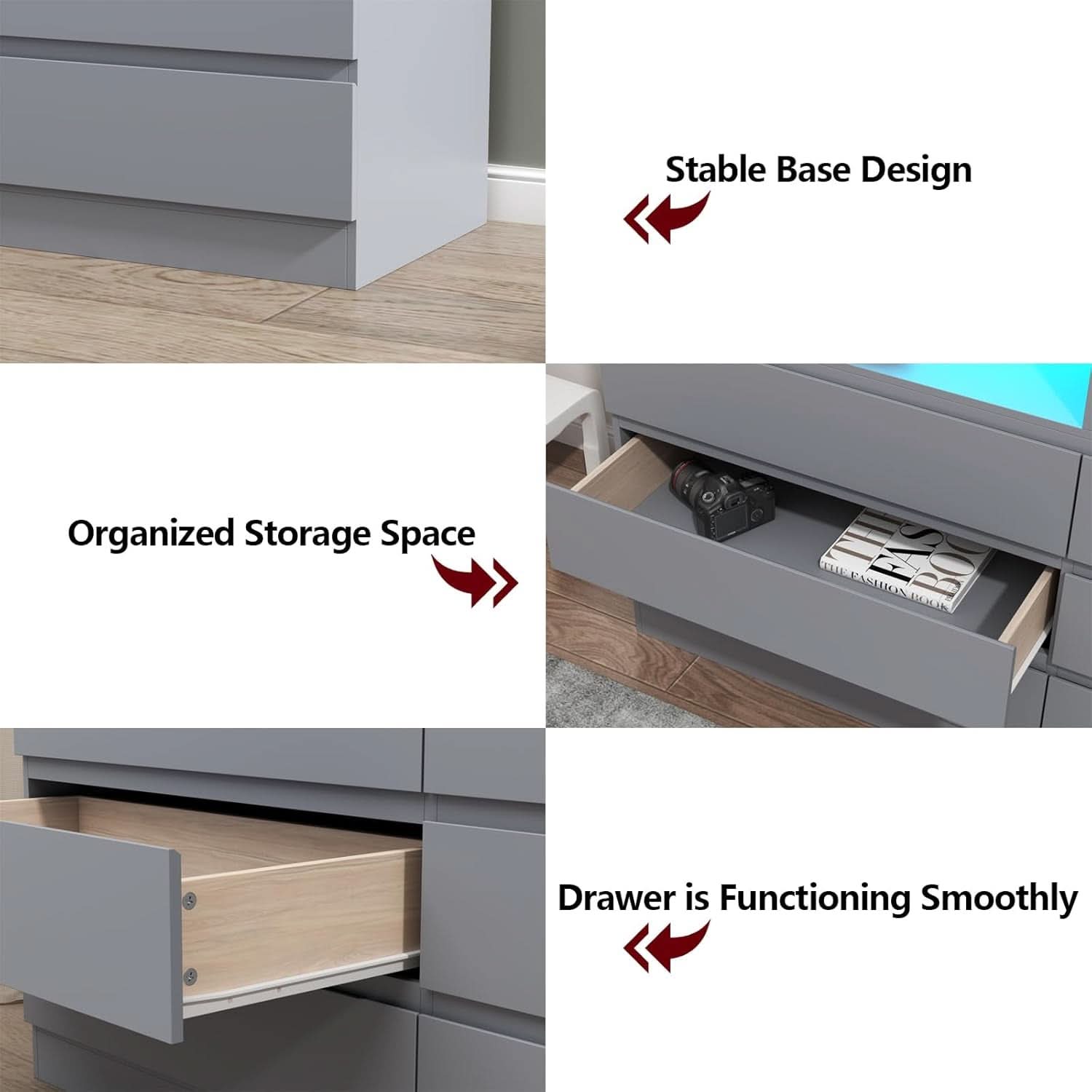 Six Drawer LED Dresser With USB Charging Ports For Bedroom