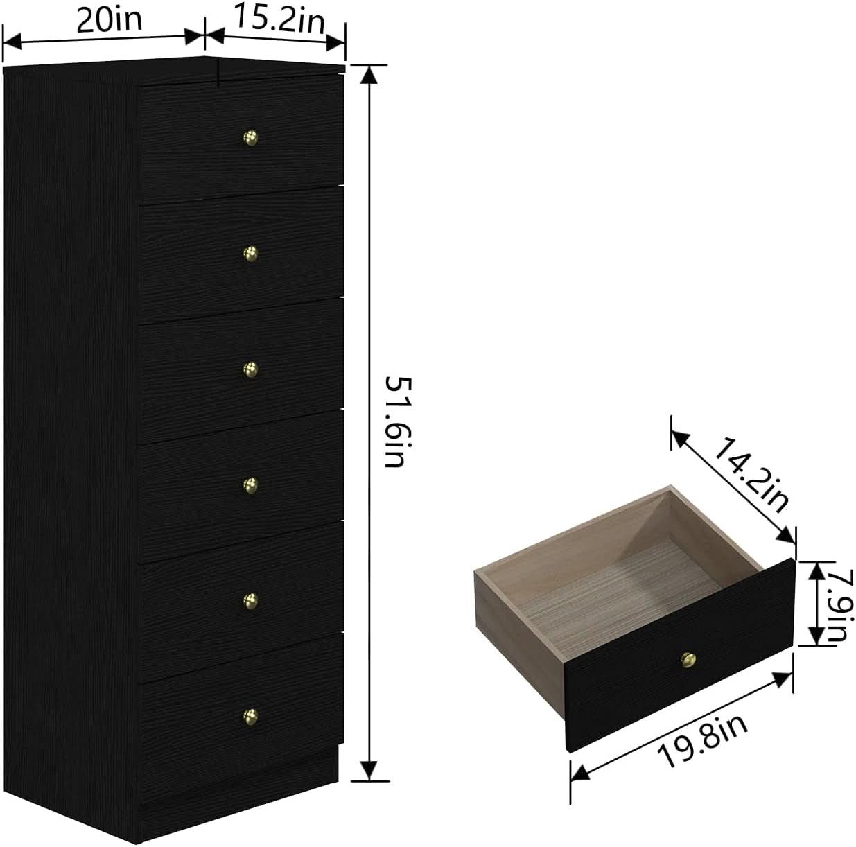 Six Drawer Vertical Dresser Black Wood Gold Handles