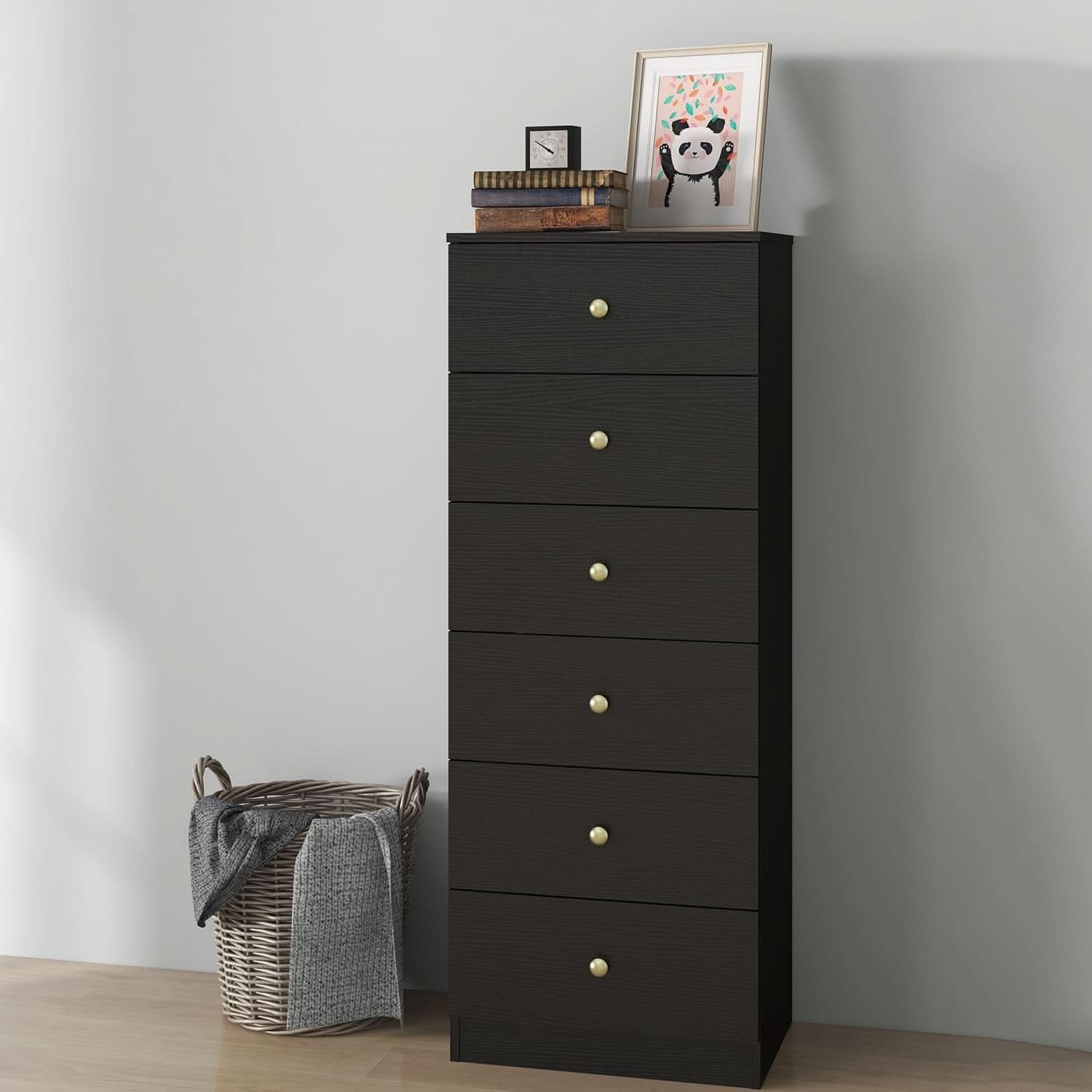 Six Drawer Vertical Dresser Black Wood Gold Handles