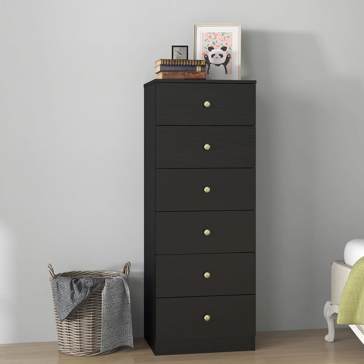 Six Drawer Vertical Dresser Black Wood Gold Handles