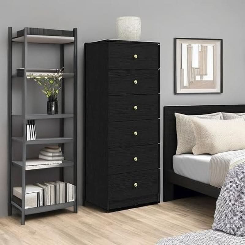 Six Drawer Vertical Dresser Black Wood Gold Handles