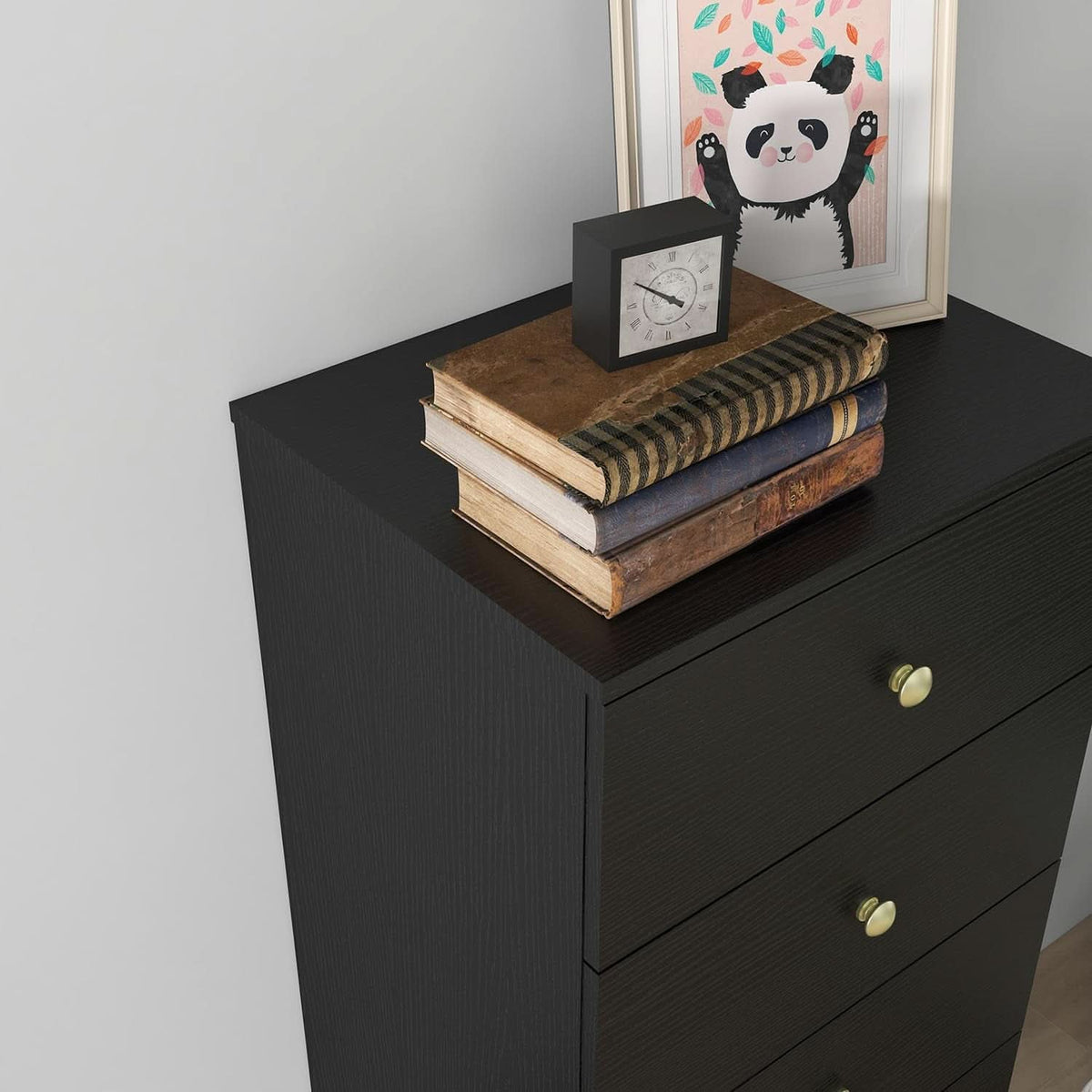 Six Drawer Vertical Dresser Black Wood Gold Handles