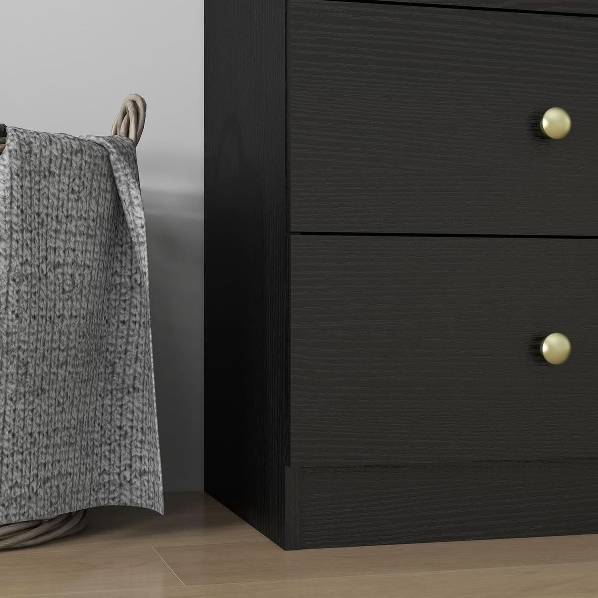 Six Drawer Vertical Dresser Black Wood Gold Handles