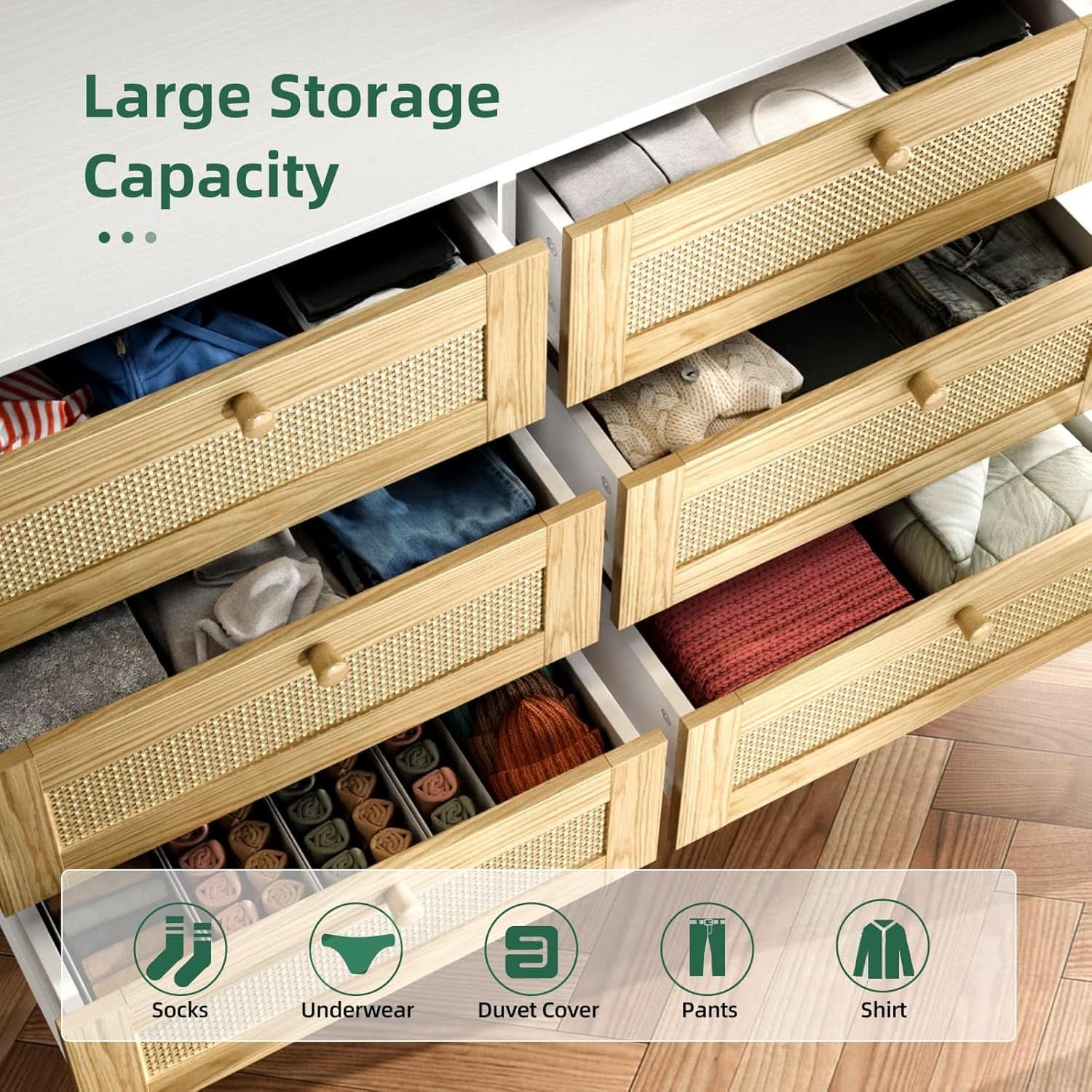 Six Drawer White Dresser For Bedroom And Hallway Storage