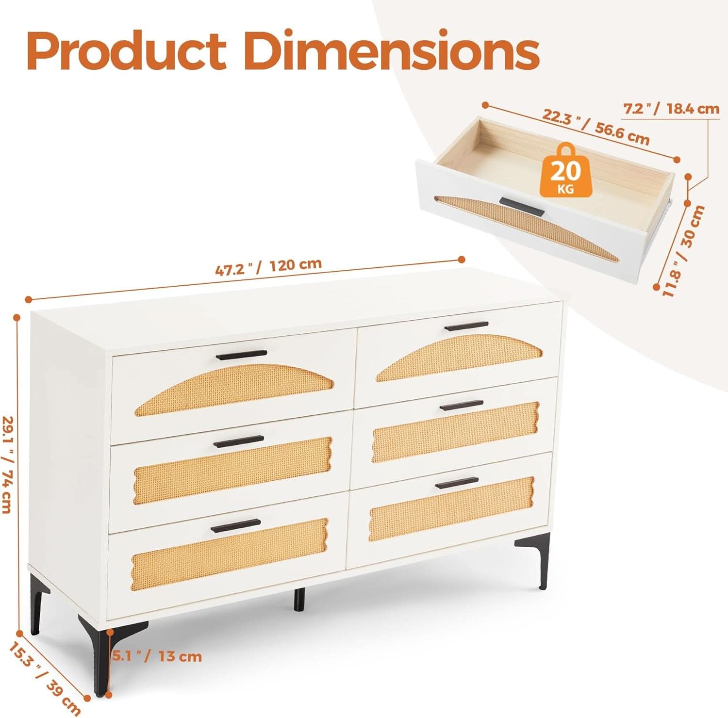 Six Drawer White Dresser With Industrial Steel Base