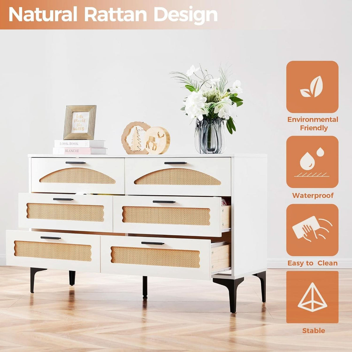 Six Drawer White Dresser With Industrial Steel Base