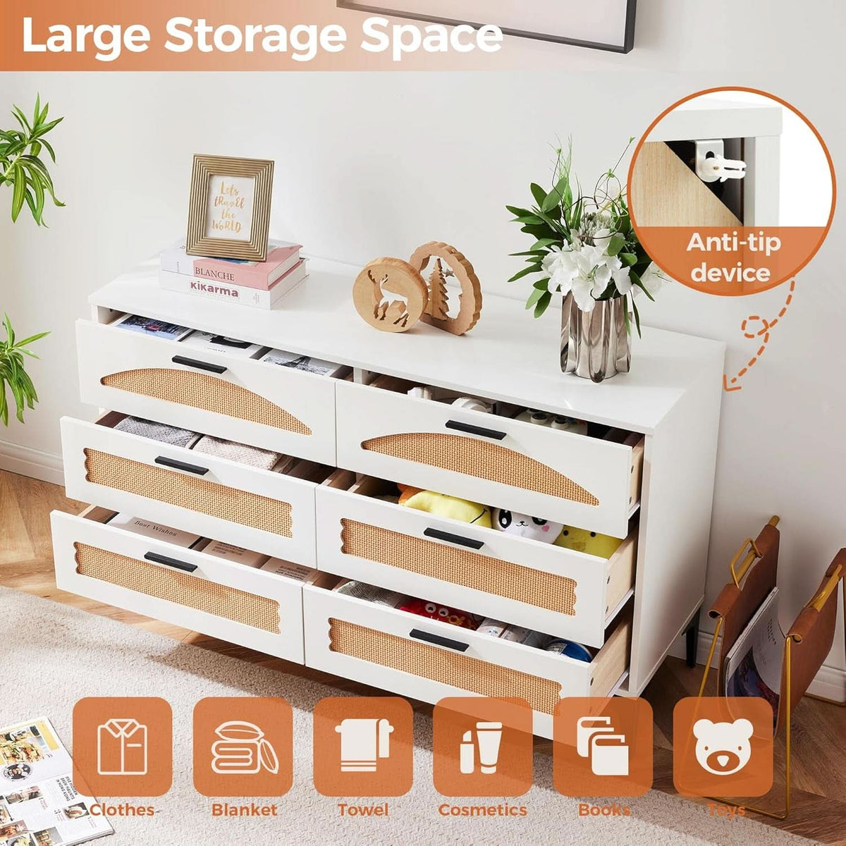 Six Drawer White Dresser With Industrial Steel Base