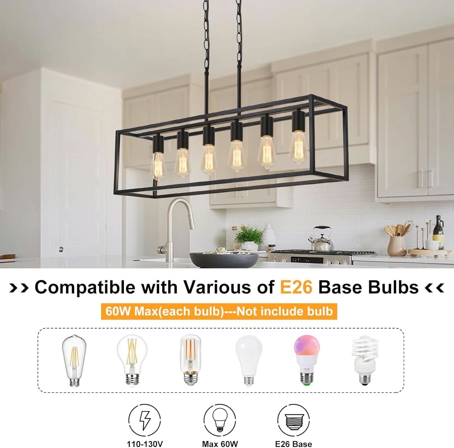 Six Light Black Linear Chandelier With Adjustable Height