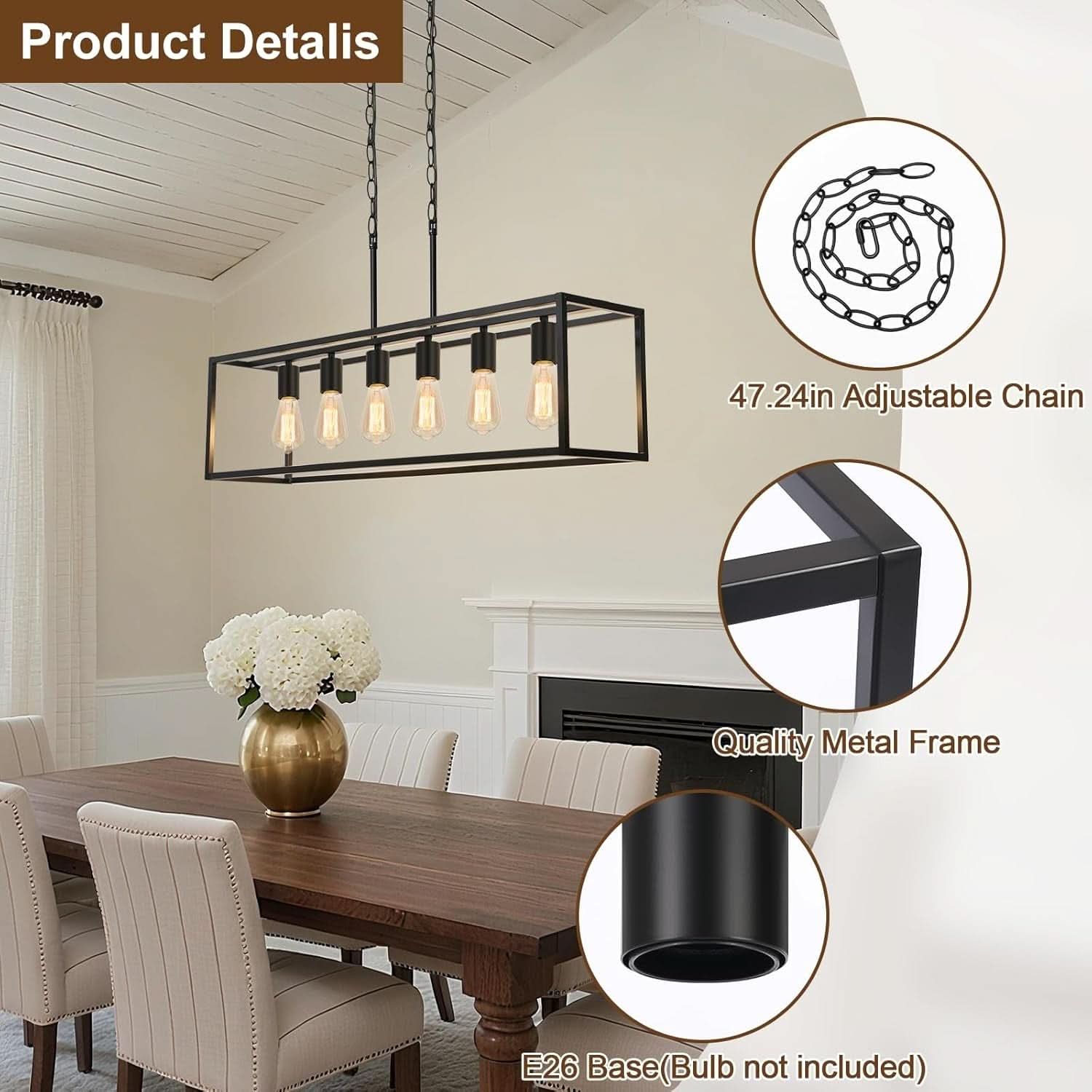 Six Light Black Linear Chandelier With Adjustable Height
