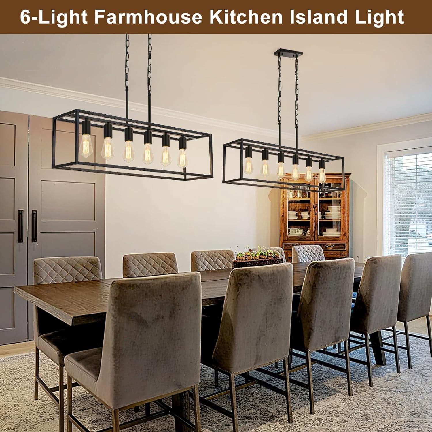 Six Light Black Linear Chandelier With Adjustable Height