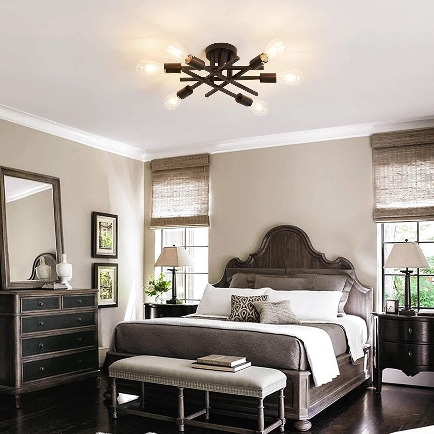Six Light Black Matte Sputnik Chandelier Semi Flush Ceiling Light