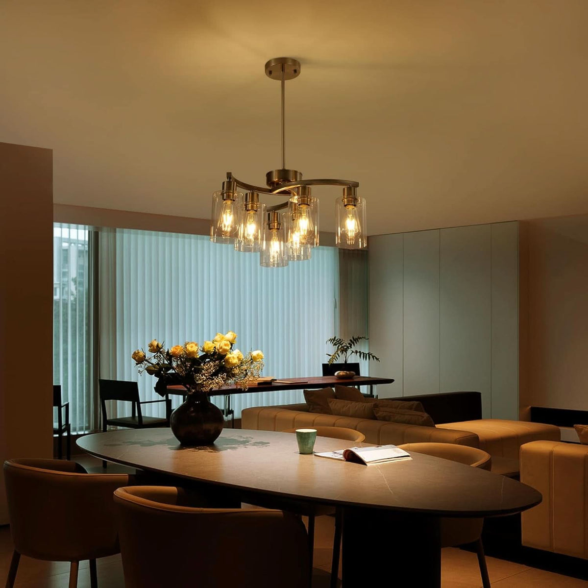 Six Light Brushed Nickel Industrial Glass Chandelier