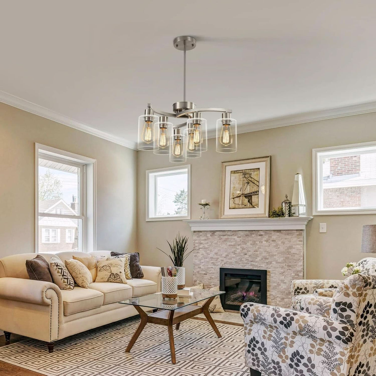 Six Light Brushed Nickel Industrial Glass Chandelier