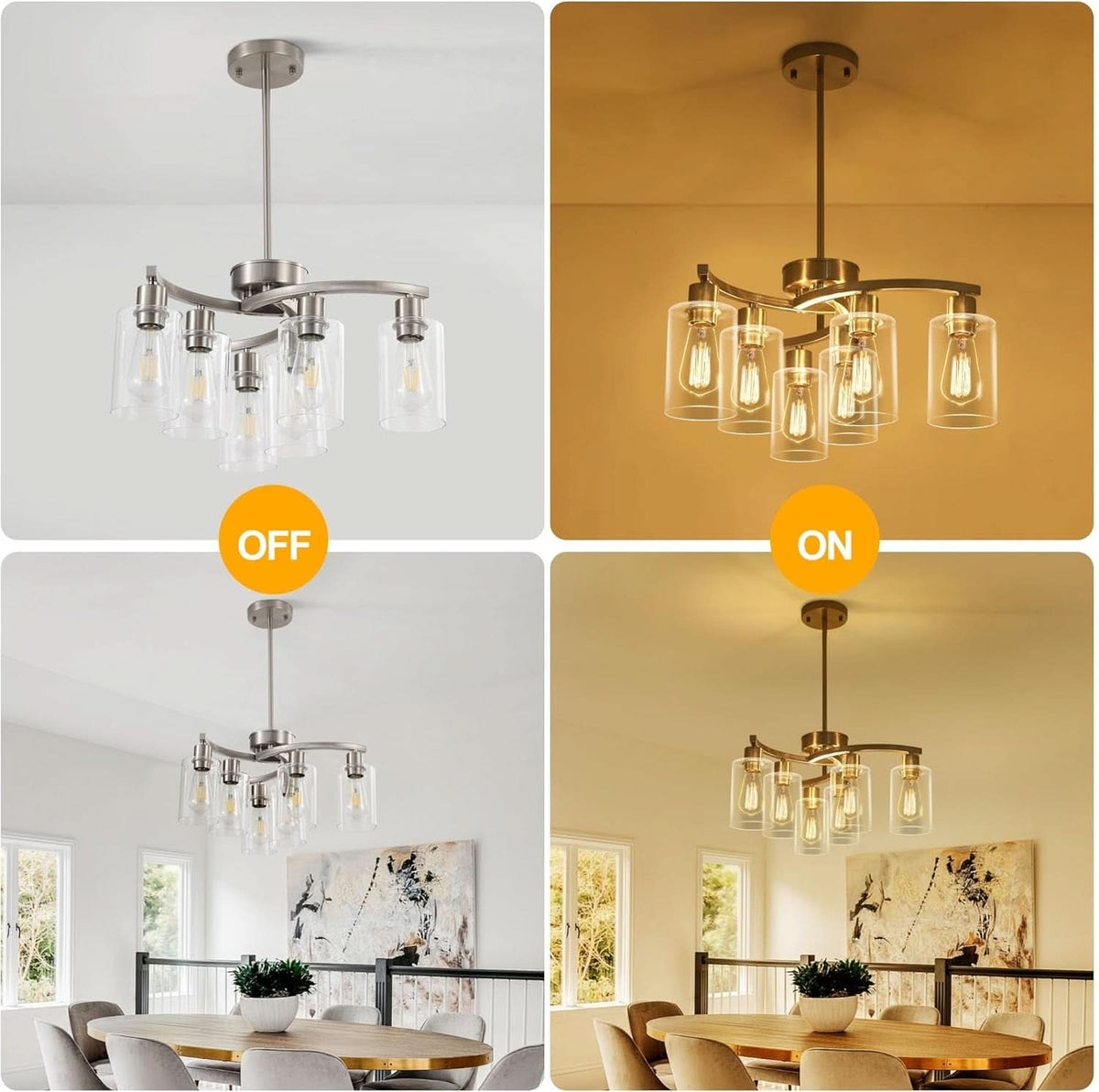 Six Light Brushed Nickel Industrial Glass Chandelier