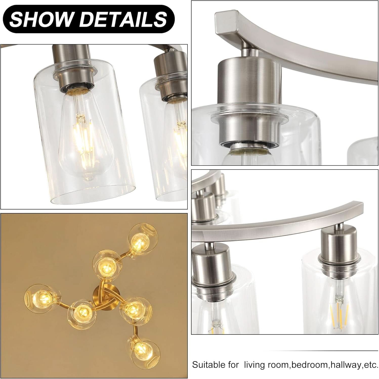 Six Light Brushed Nickel Industrial Glass Chandelier