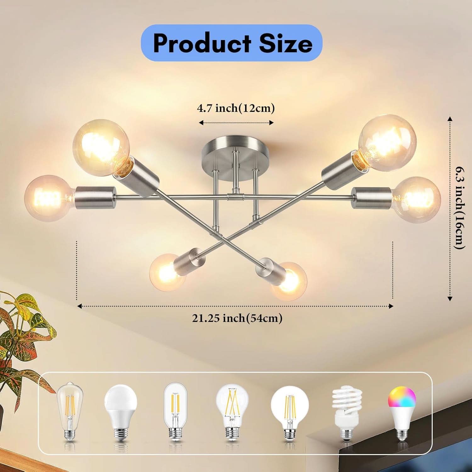 Six Light Sputnik Chandelier Brushed Nickel Fixture