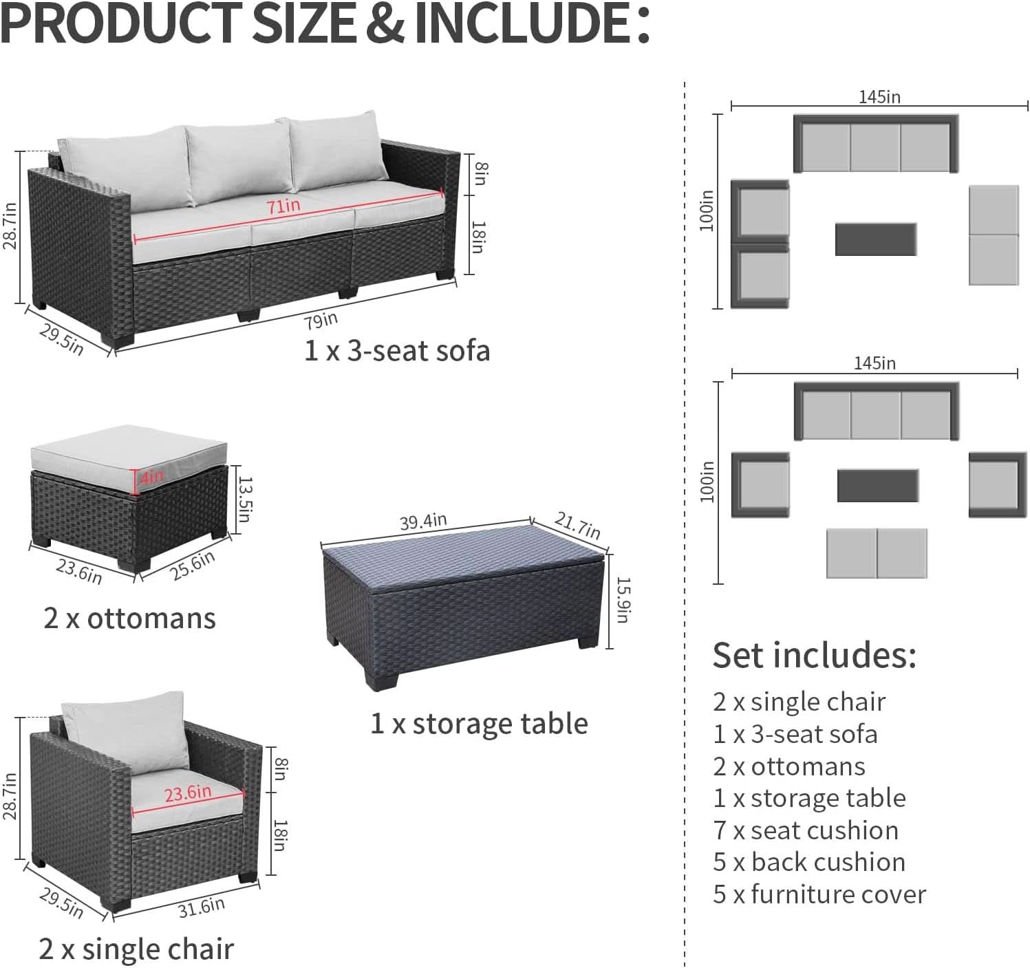 Six Piece Outdoor Wicker Furniture Set With Grey Cushions