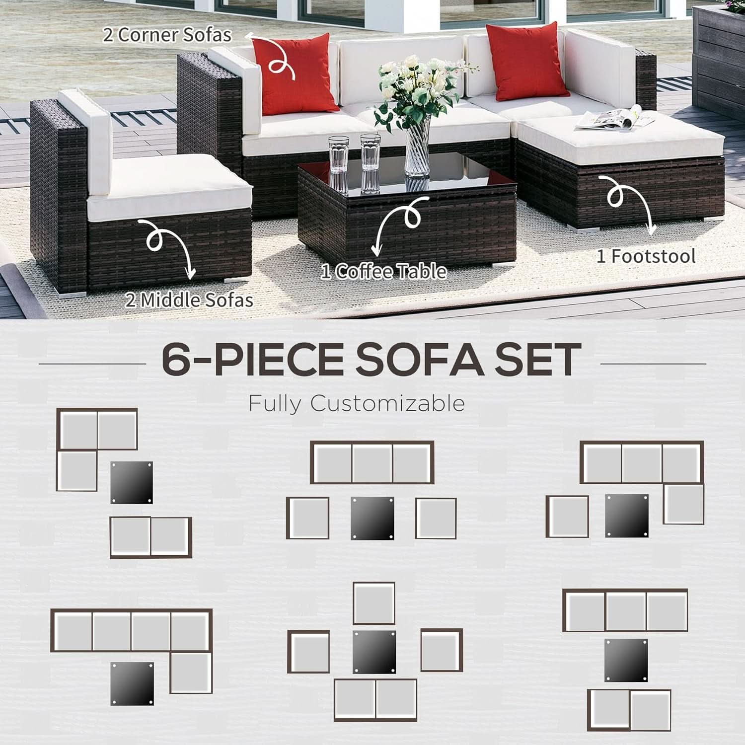 Six Piece Outdoor Wicker Sectional Sofa Set with Ottoman