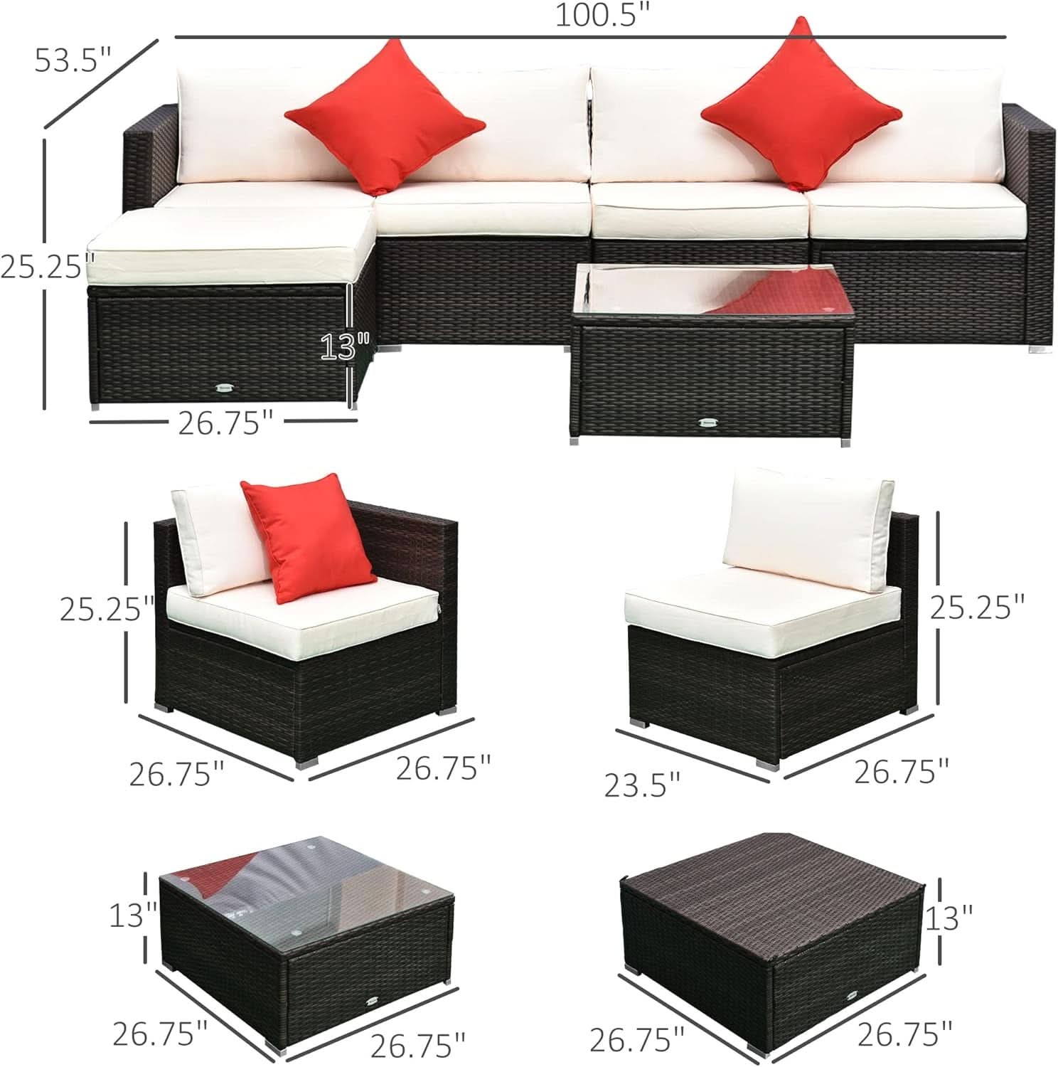Six Piece Outdoor Wicker Sectional Sofa Set with Ottoman