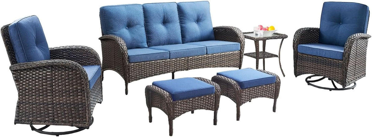 Six Piece Patio Conversation Set Brown Wicker Blue Cushions