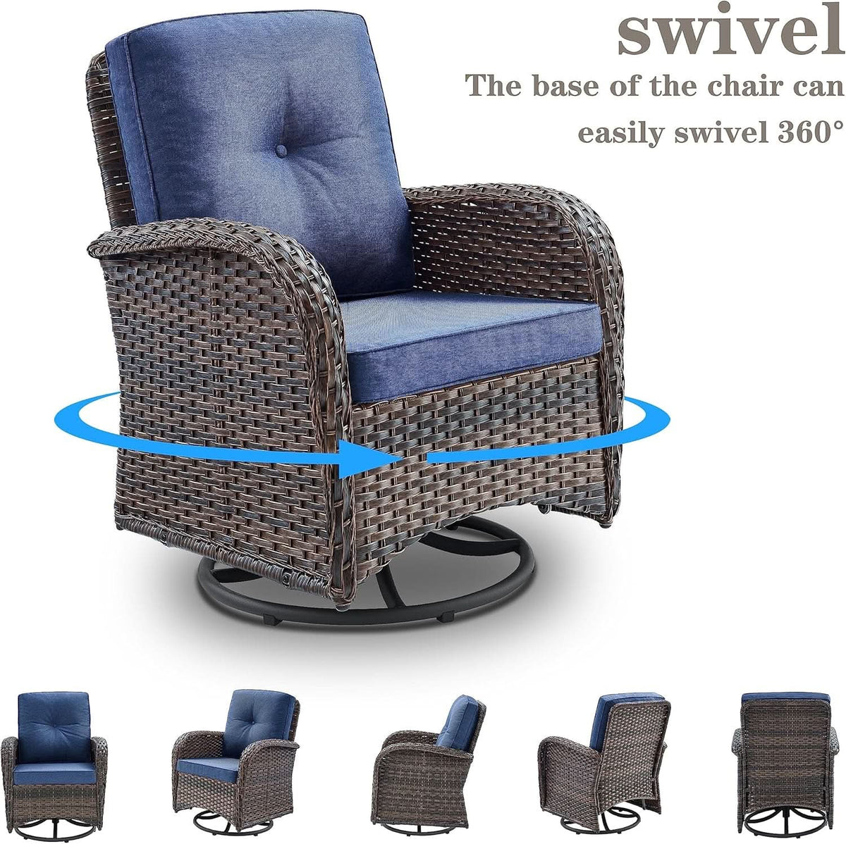 Six Piece Patio Conversation Set Brown Wicker Blue Cushions