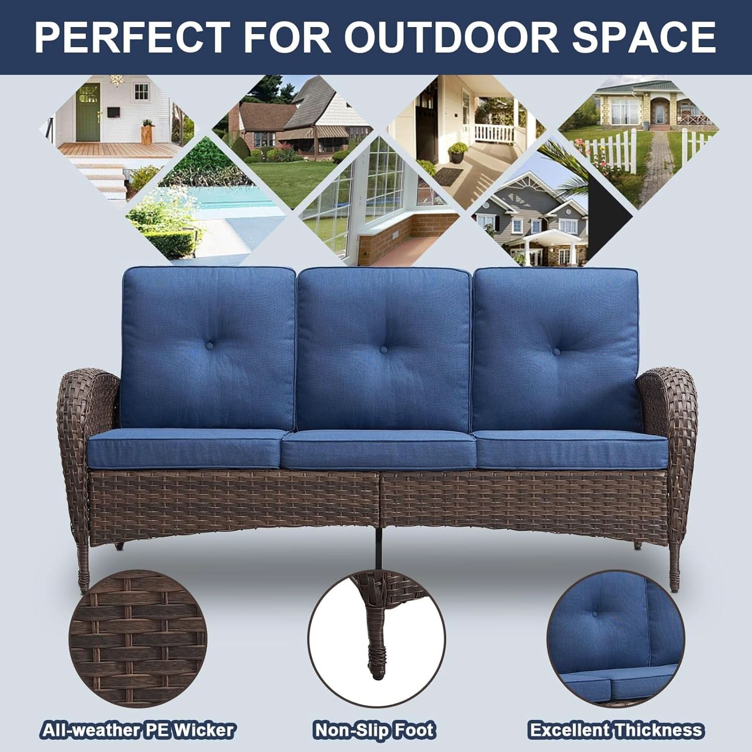Six Piece Patio Conversation Set Brown Wicker Blue Cushions