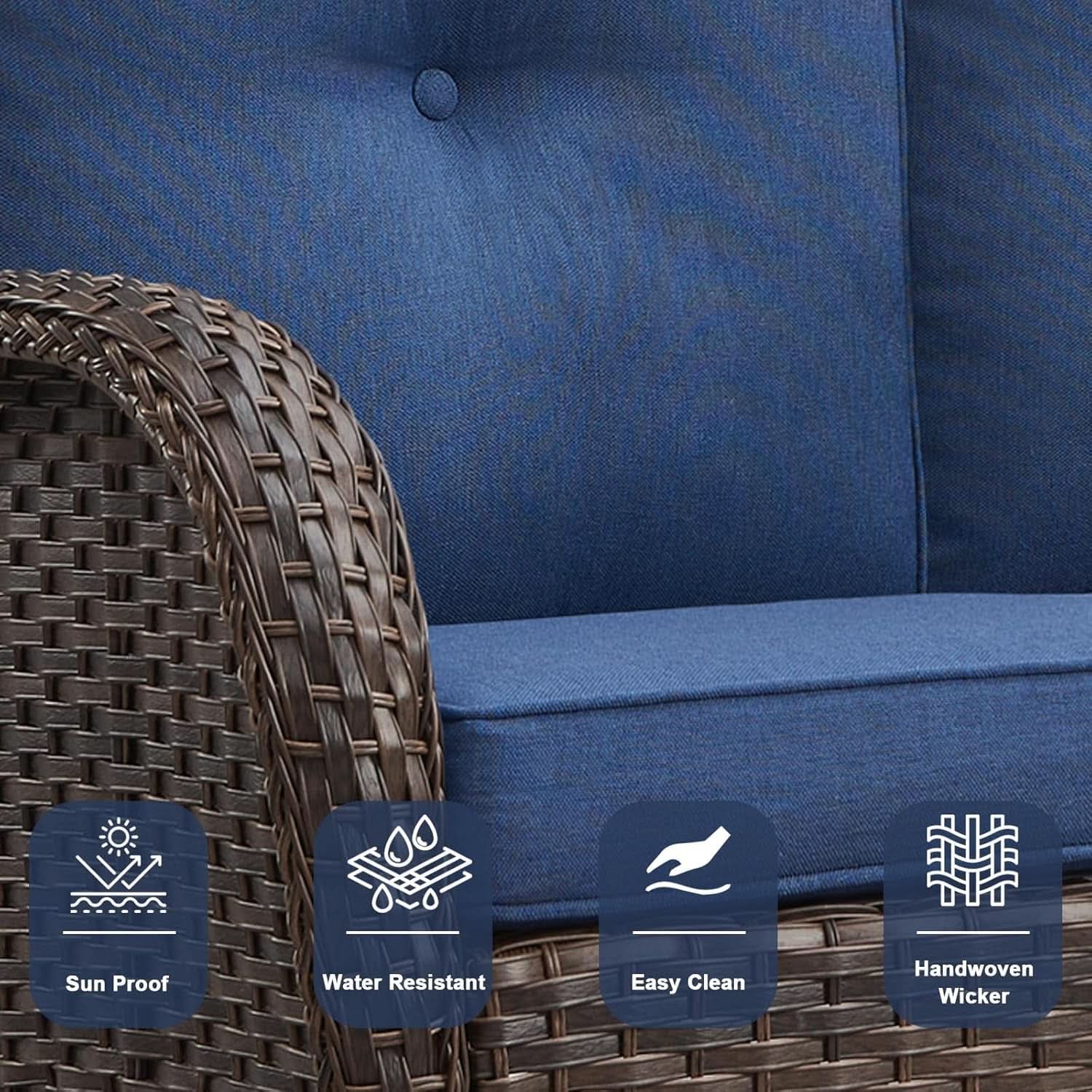 Six Piece Patio Conversation Set Brown Wicker Blue Cushions