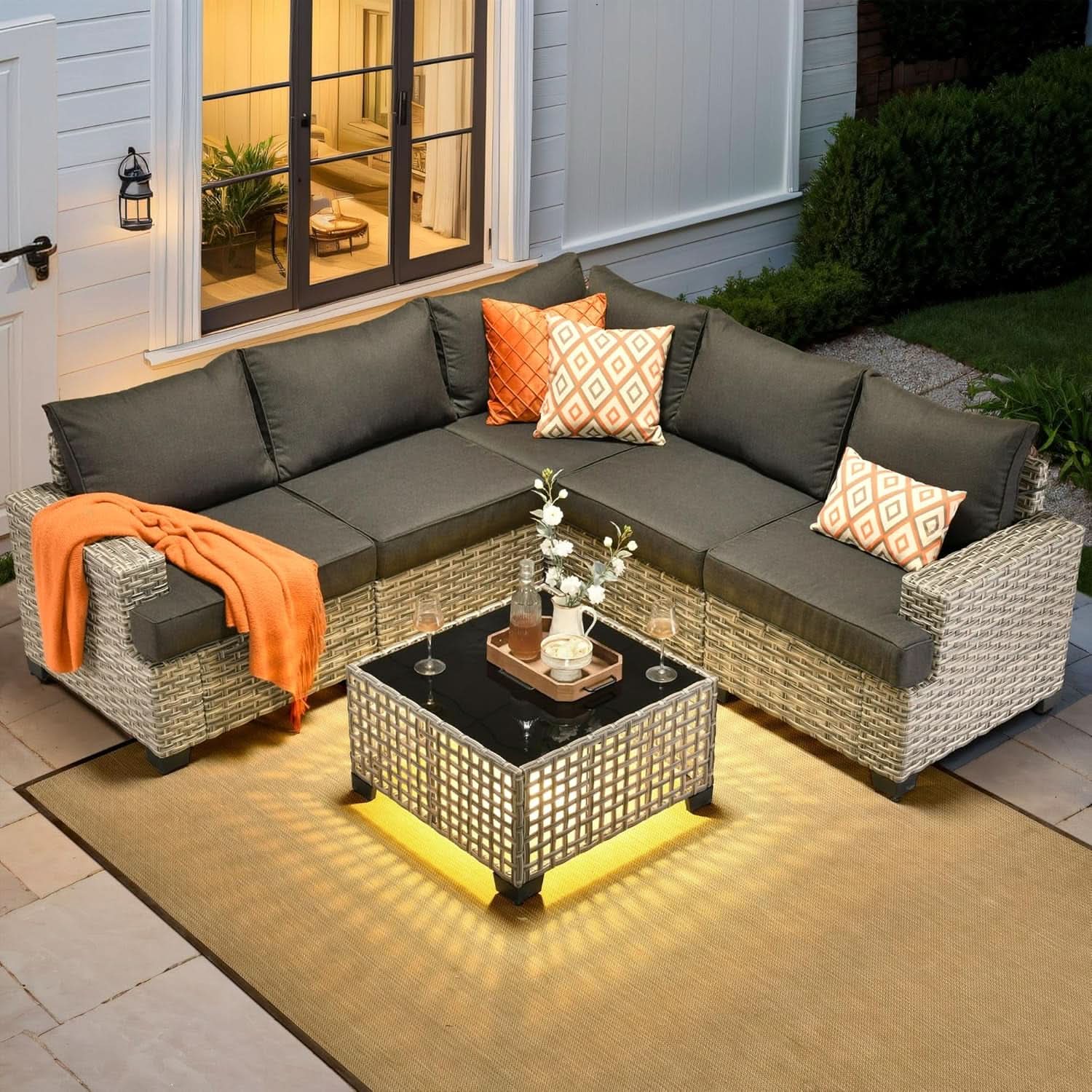 Six Piece Rattan Wicker Outdoor Sectional Sofa Set