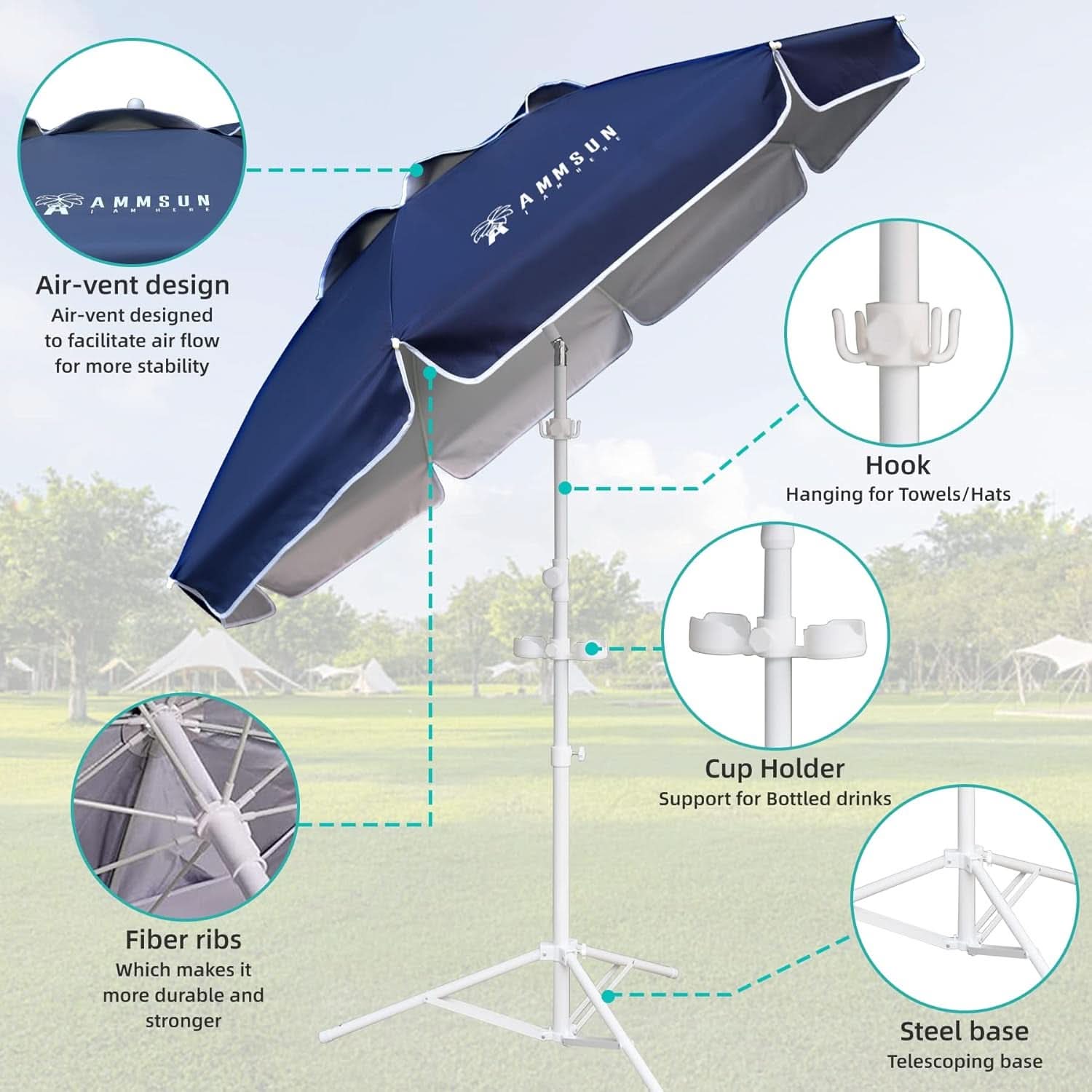 Six Point Five Foot Portable Shade Umbrella With Stand